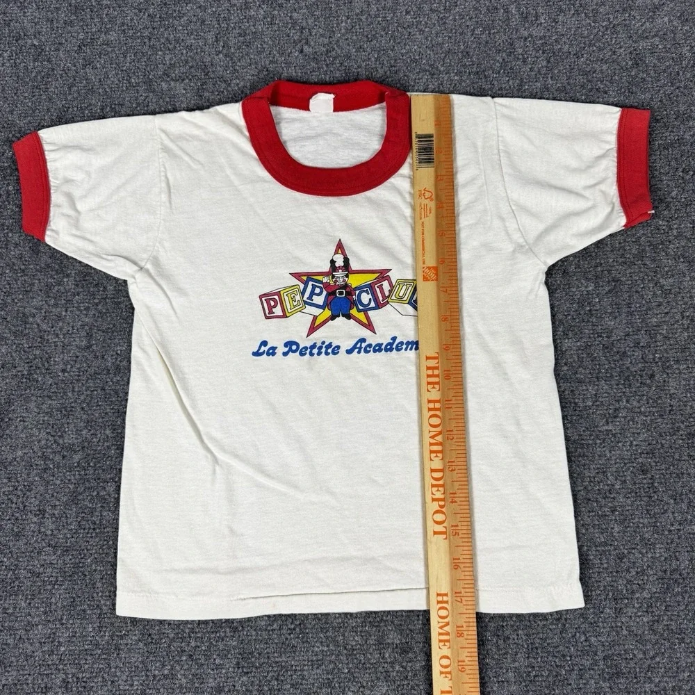 Vintage‎ 80s Kids La Petite Academy Pep Club White Red Ringer T-Shirt Small